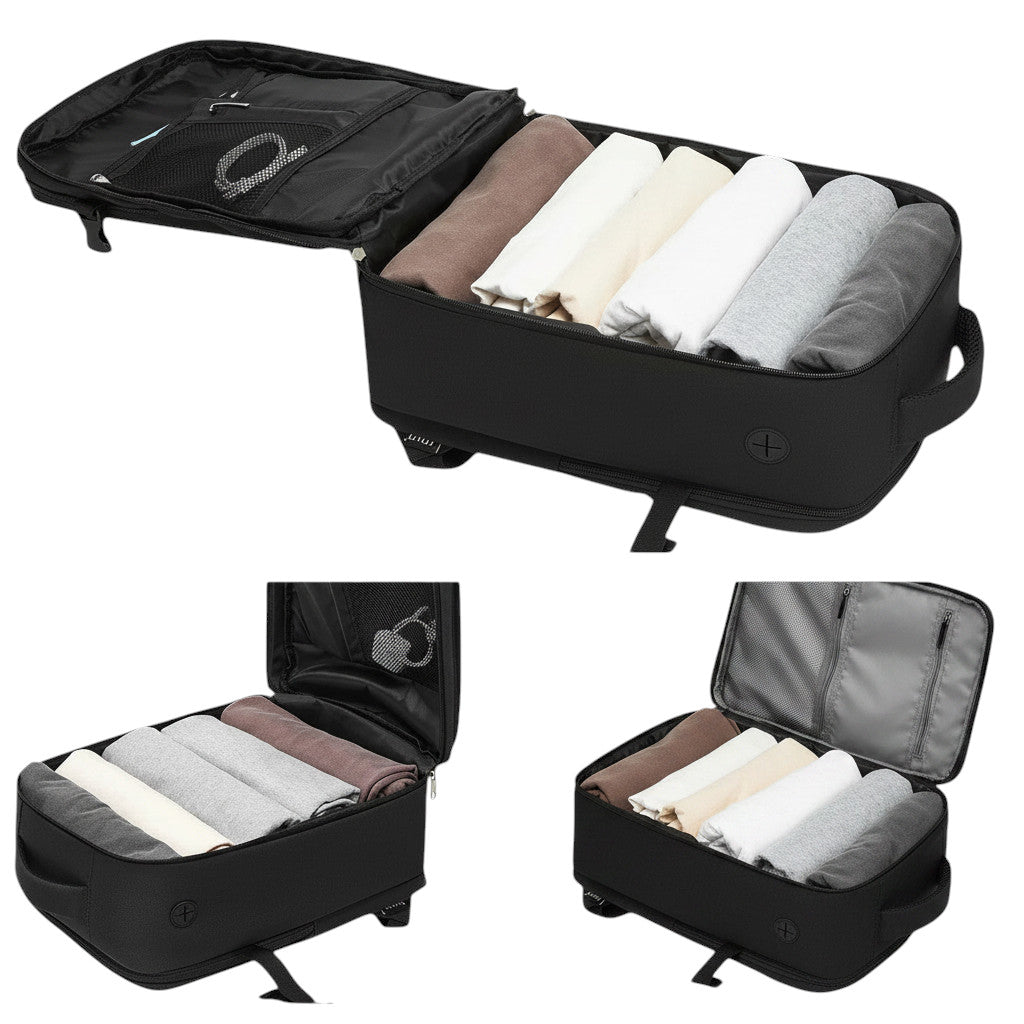 Sac à dos MoveLite MOTION noir ouvert avec des vêtements soigneusement pliés et organisés pour le voyage