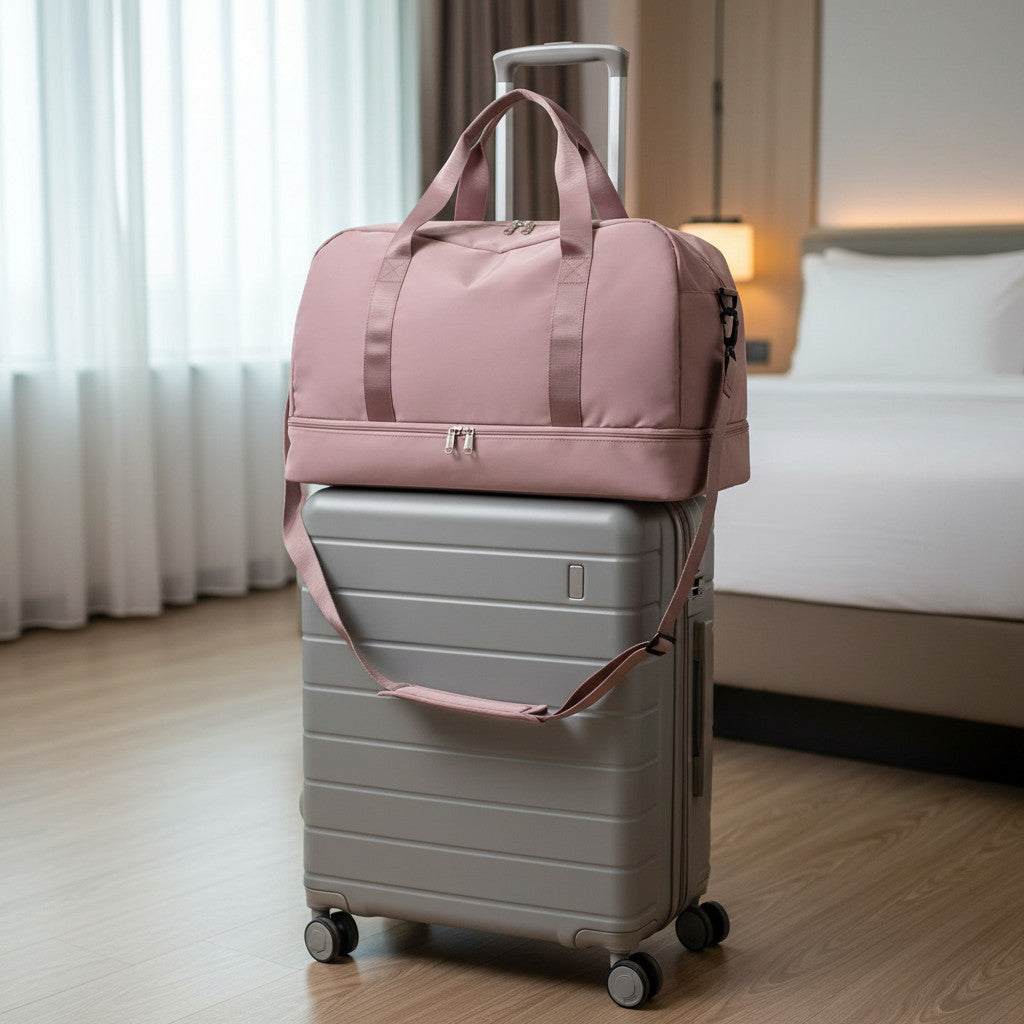 Sac de voyage MoveLite GRACE rose poudré avec compartiment inférieur, posé sur une valise rigide grise dans une chambre
