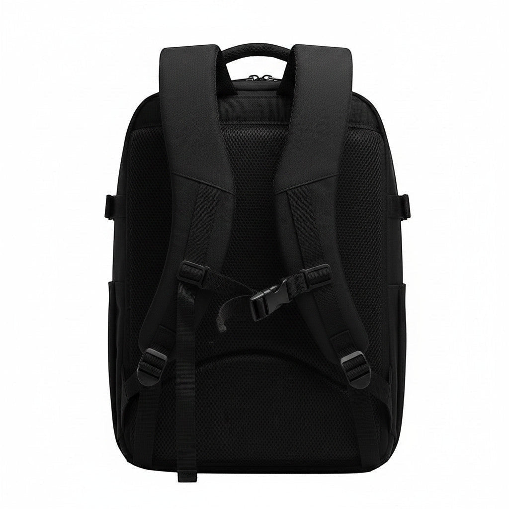 Vue arrière du sac à dos femme noir MoveLite avec bretelles rembourrées, sangle de poitrine et panneau dorsal en mesh