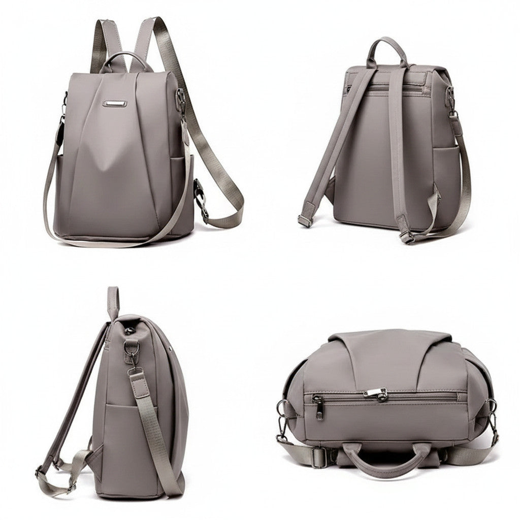 Sac à dos MoveLite gris en nylon imperméable avec multiples poches et bretelles ajustables, vue sous plusieurs angles.