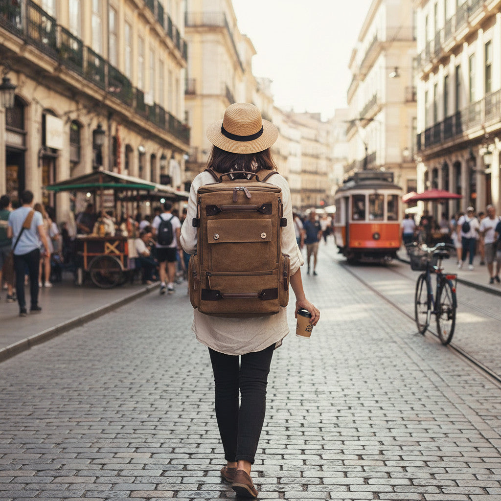 Personne portant un sac à dos MoveLite marron en toile dans une rue pavée animée avec un tramway en arrière-plan