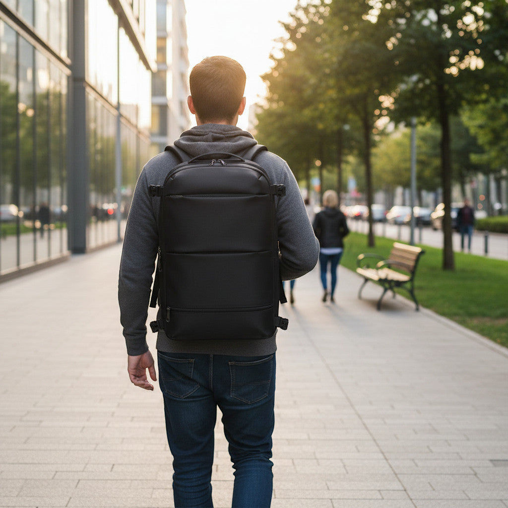 Homme marchant en ville portant un sac à dos noir minimaliste MoveLite avec des bretelles confortables