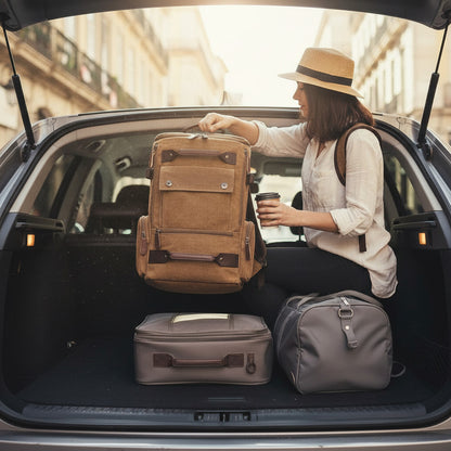 Femme avec chapeau tenant un sac à dos MoveLite marron en toile dans le coffre d'une voiture avec des bagages