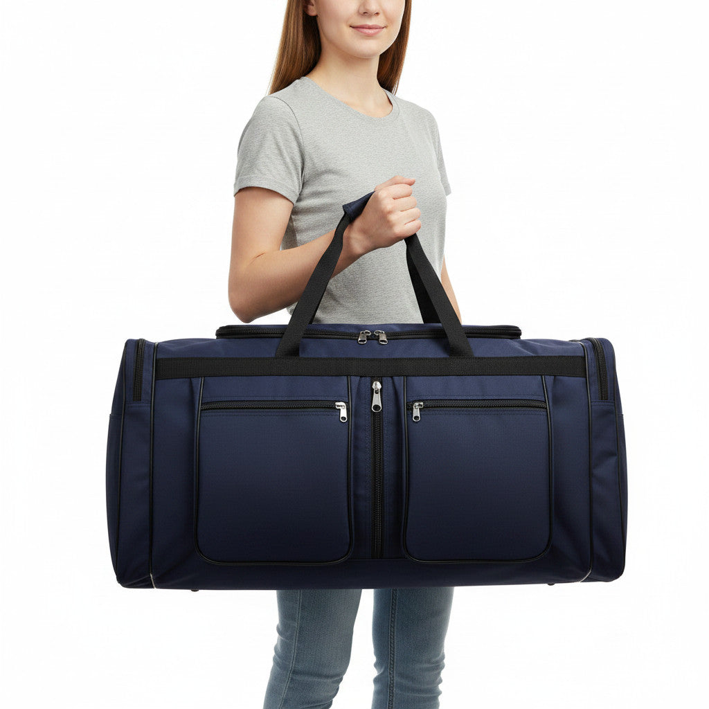 Sac de voyage MoveLite bleu marine spacieux avec multiples poches zippées porté à la main par une femme