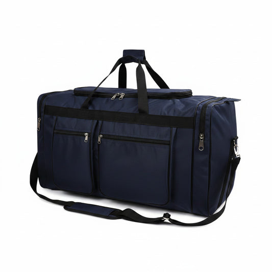 Sac de voyage bleu marine MoveLite avec multiples poches zippées, poignées robustes et bandoulière réglable