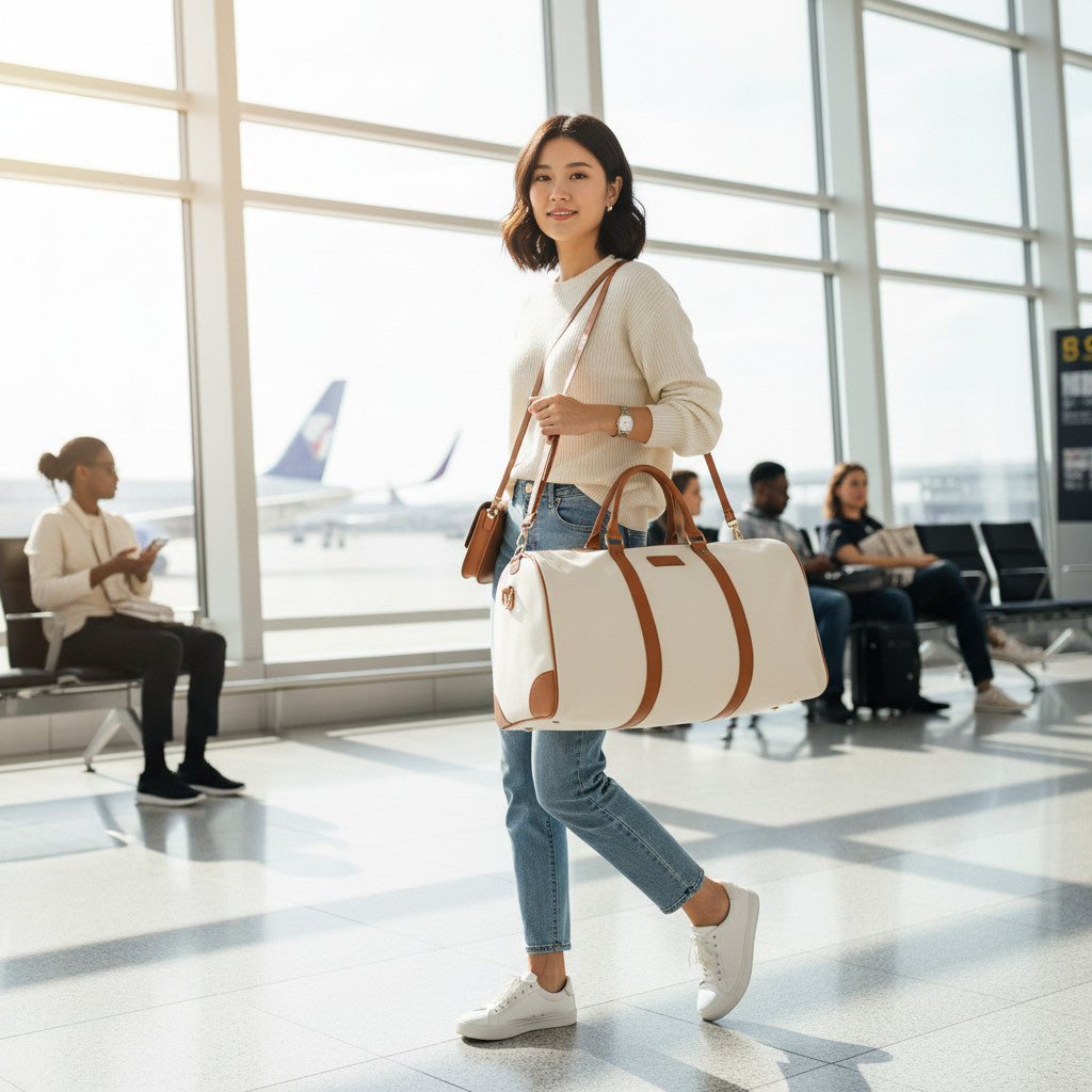 Femme portant un sac de voyage MoveLite beige et marron dans un aéroport, style décontracté avec pull et jean.