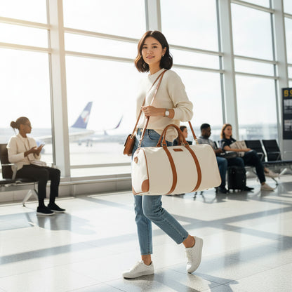 Femme portant un sac de voyage MoveLite beige et marron dans un aéroport, style décontracté avec pull et jean.