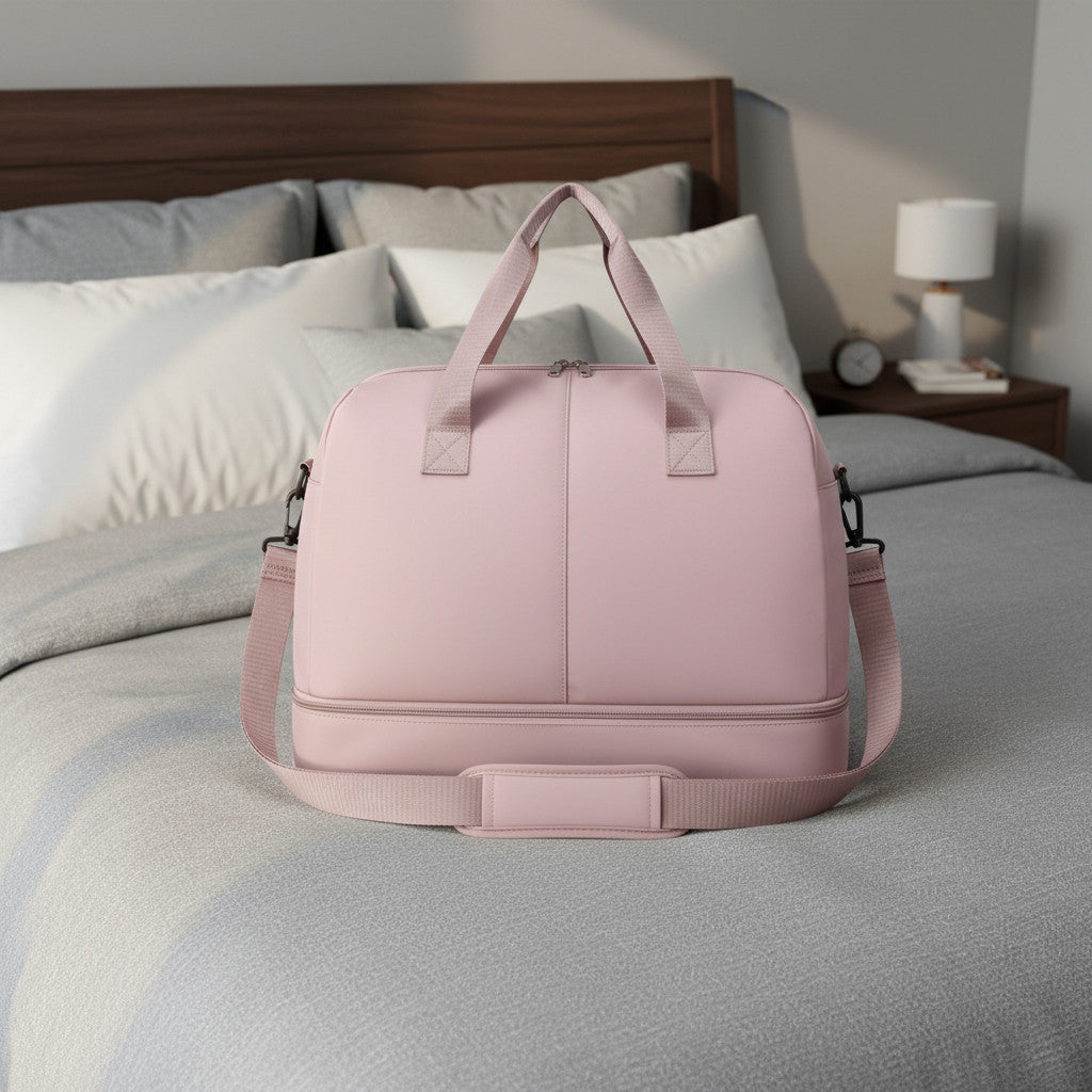 Sac de voyage MoveLite GRACE rose poudré avec compartiment inférieur et bandoulière réglable posé sur un lit