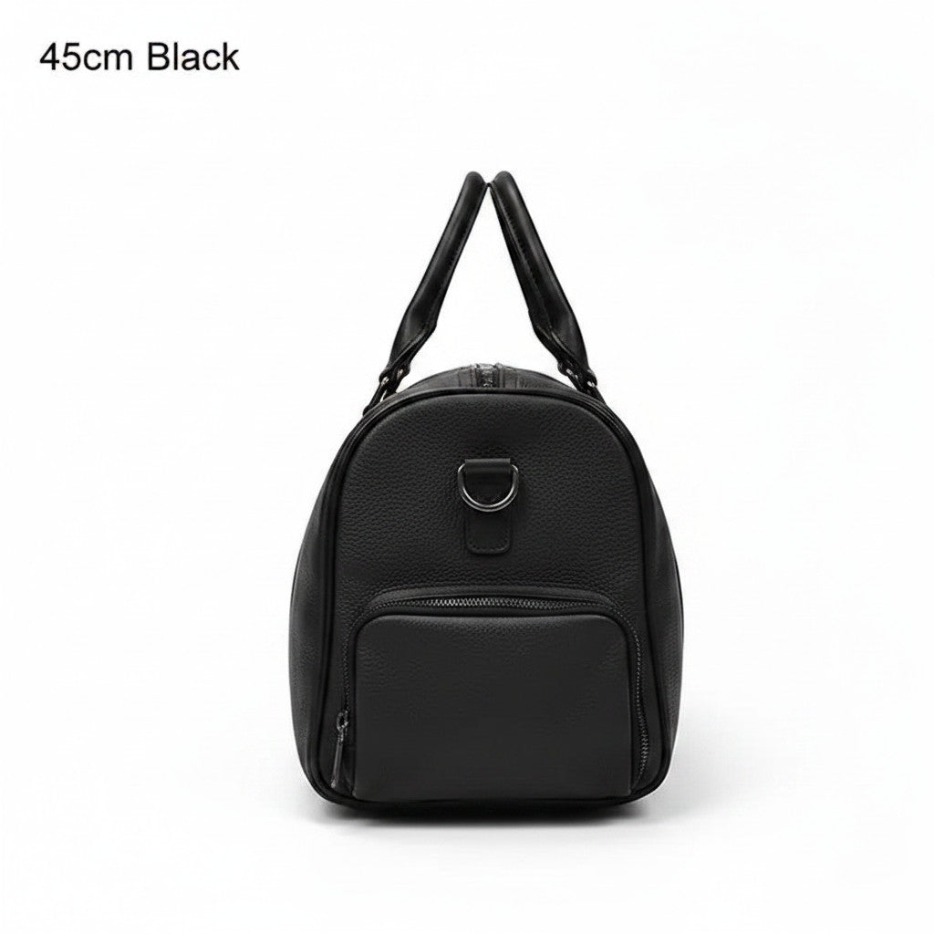 Sac de voyage MoveLite NEXUS noir en cuir grainé avec poche frontale zippée, vue de profil