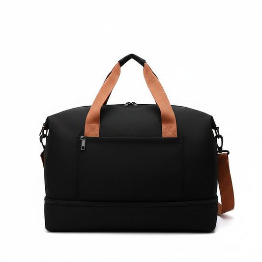 Sac de voyage MoveLite noir avec anses et bandoulière contrastantes marron clair, compartiment inférieur zippé