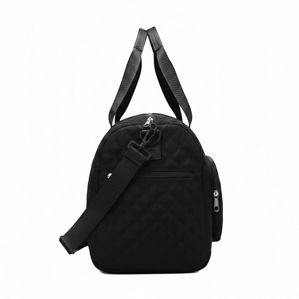 Sac de voyage MoveLite noir matelassé avec bandoulière réglable et poches zippées, vue latérale
