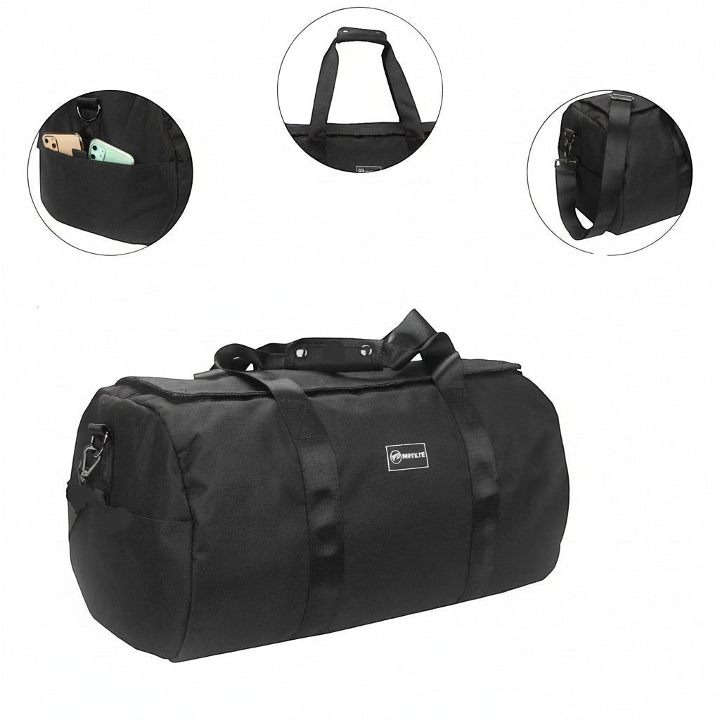 Sac de voyage noir MoveLite Pioneer avec poches latérales, poignées renforcées et bandoulière réglable.