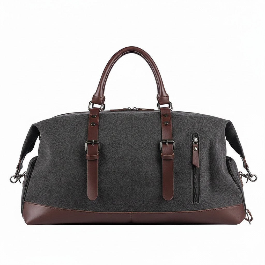 Sac de voyage MoveLite Orion gris en toile avec détails en cuir marron, style élégant et moderne pour week-end.