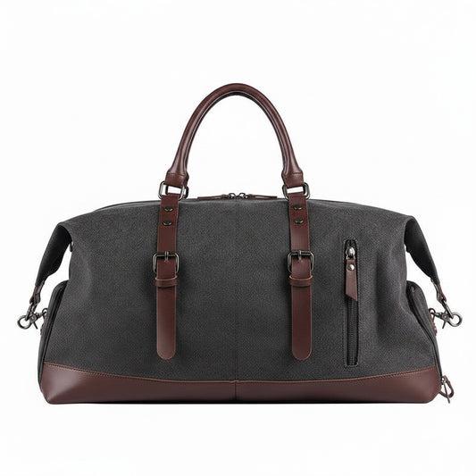 Sac de voyage MoveLite Orion gris en toile avec détails en cuir marron, style élégant et moderne pour week-end.