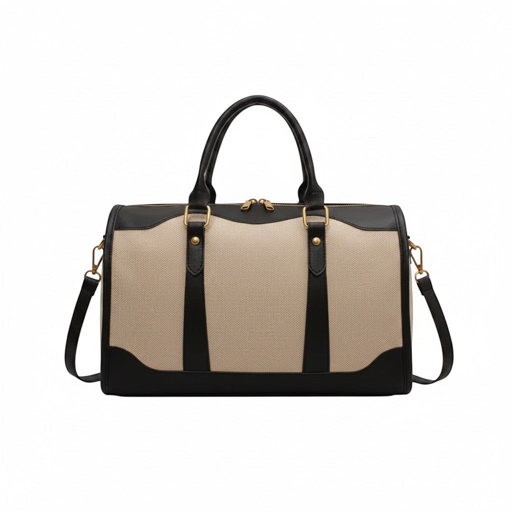 Sac de voyage MoveLite Riviera beige et noir en toile et cuir avec anses et bandoulière amovible
