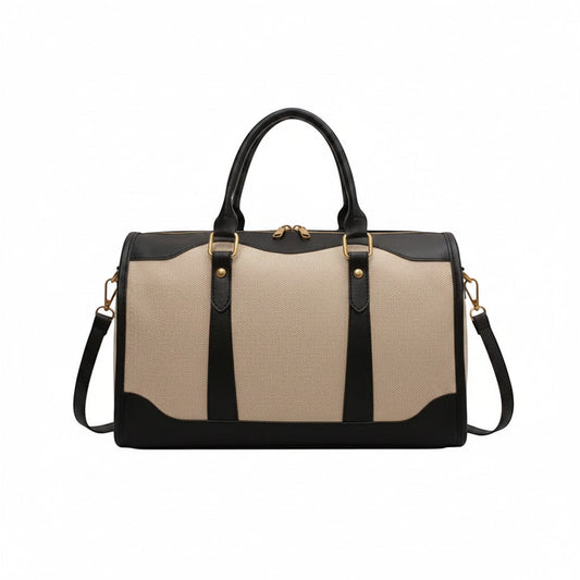 Sac de voyage MoveLite Riviera beige et noir en toile et cuir avec anses et bandoulière amovible