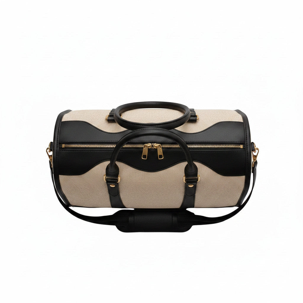 Sac de voyage MoveLite Riviera en toile beige et cuir noir avec fermetures éclair dorées et poignées robustes