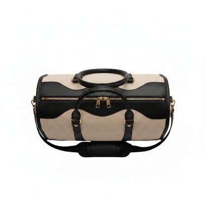 Sac de voyage MoveLite Riviera en toile beige et cuir noir avec fermetures éclair dorées et poignées robustes