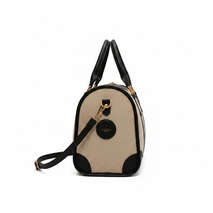 Sac de voyage MoveLite Riviera beige et noir avec anses en cuir et bandoulière amovible, vue latérale