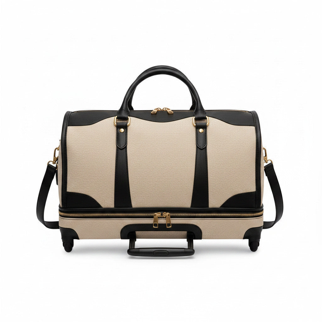 Sac de voyage à roulettes MoveLite Riviera en toile beige et cuir noir avec détails dorés