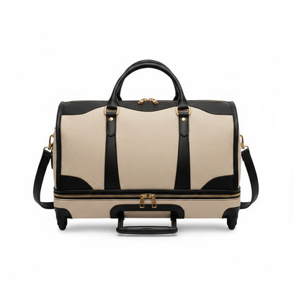Sac de voyage à roulettes MoveLite Riviera en toile beige et cuir noir avec détails dorés