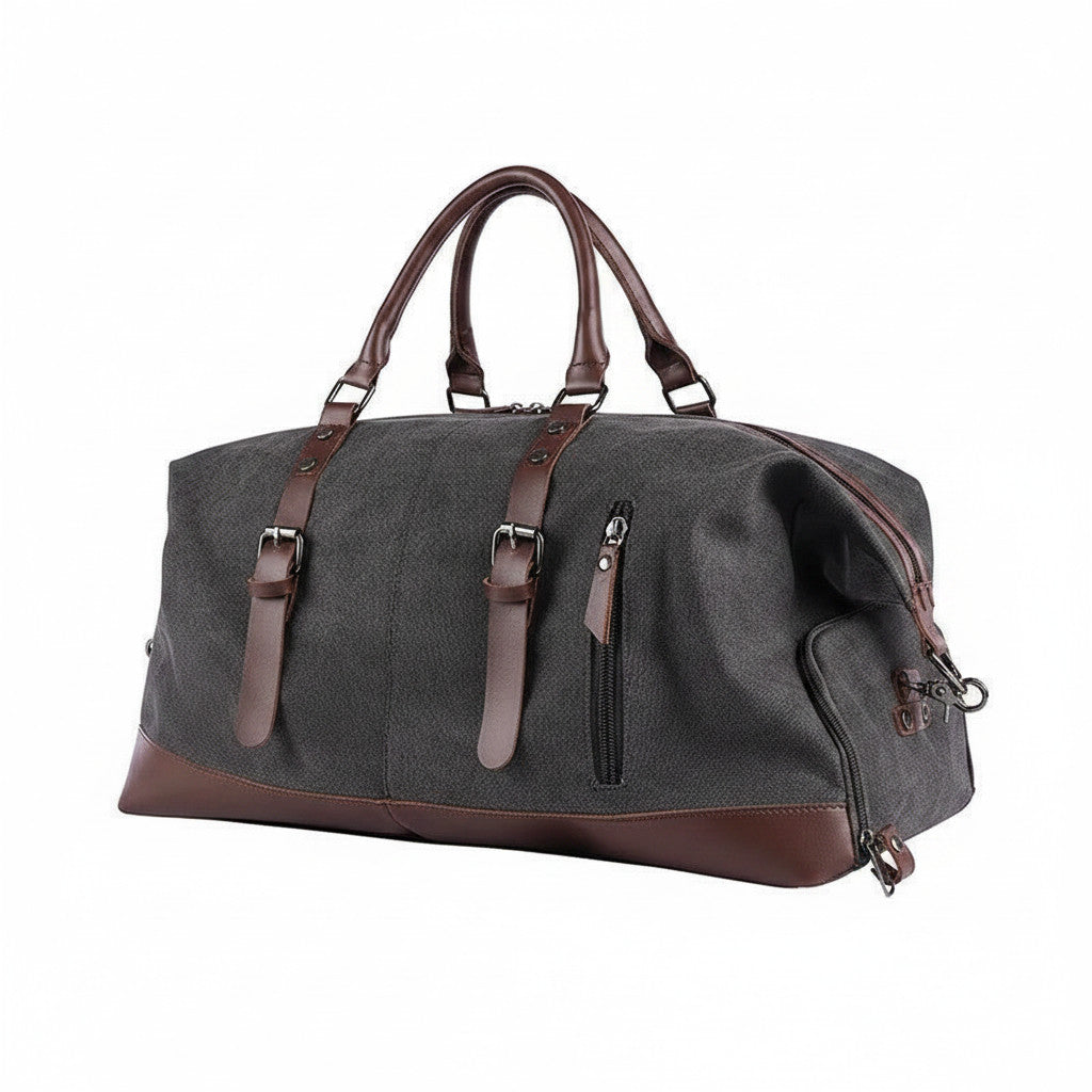 Sac de voyage MoveLite Orion en toile grise et détails en cuir marron avec boucles décoratives