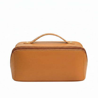 Trousse de toilette MoveLite ÉCLAT marron en cuir synthétique avec poignée de transport et détails dorés