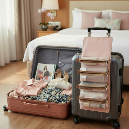 Trousse de toilette suspendue MoveLite rose pâle avec compartiments en filet, accrochée à une valise ouverte.