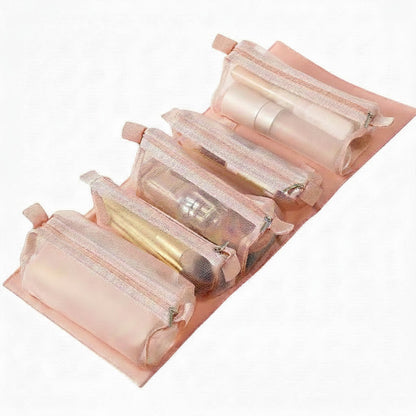 Trousse de toilette suspendue MoveLite rose avec quatre compartiments amovibles en maille zippés pour le voyage