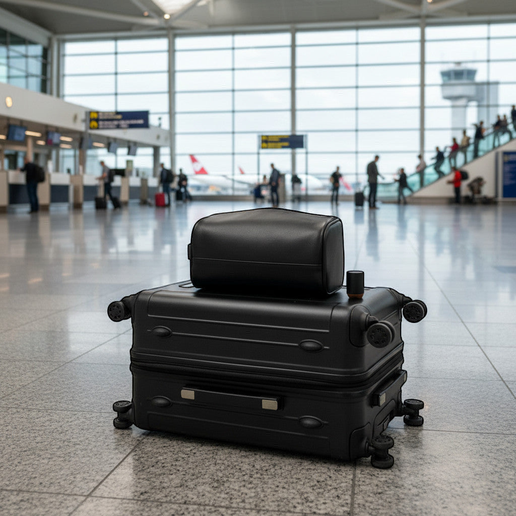Trousse de voyage MoveLite noire en cuir PU posée sur une valise dans un hall d'aéroport moderne.