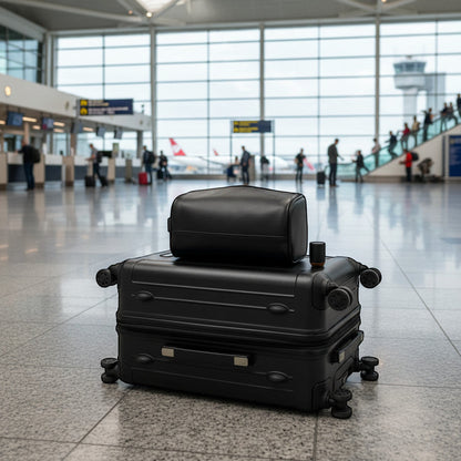 Trousse de voyage MoveLite noire en cuir PU posée sur une valise dans un hall d'aéroport moderne.