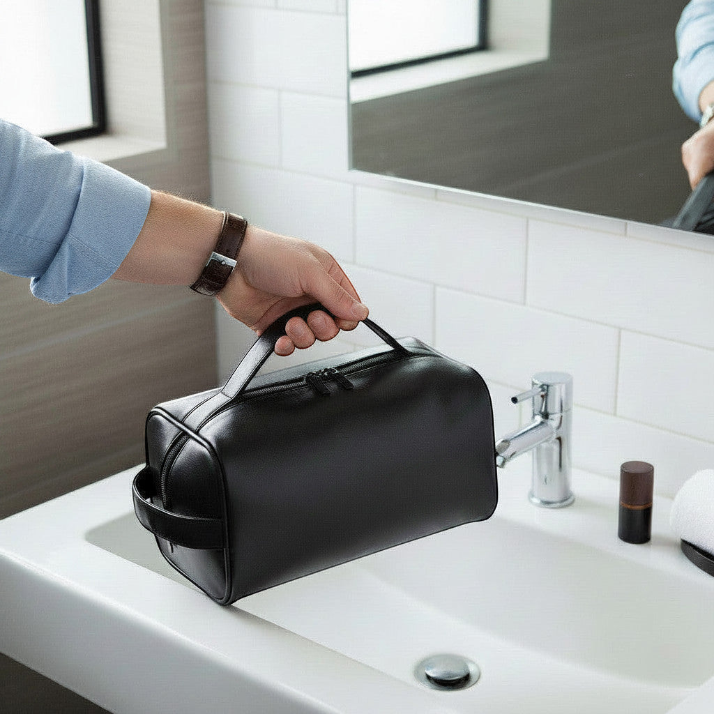 Trousse de toilette noire MoveLite pour homme, résistante à l'eau, tenue à la main dans une salle de bain moderne.