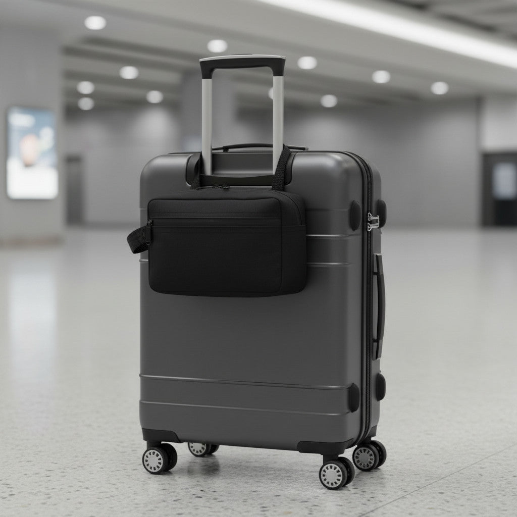 Trousse de voyage homme noire SILAGE MoveLite fixée sur une valise rigide grise dans un aéroport
