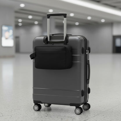 Trousse de voyage homme noire SILAGE MoveLite fixée sur une valise rigide grise dans un aéroport