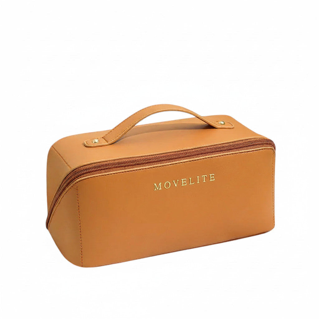 Trousse de voyage MoveLite marron en cuir synthétique avec poignée supérieure et fermeture éclair dorée