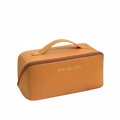 Trousse de voyage MoveLite marron en cuir synthétique avec poignée supérieure et fermeture éclair dorée
