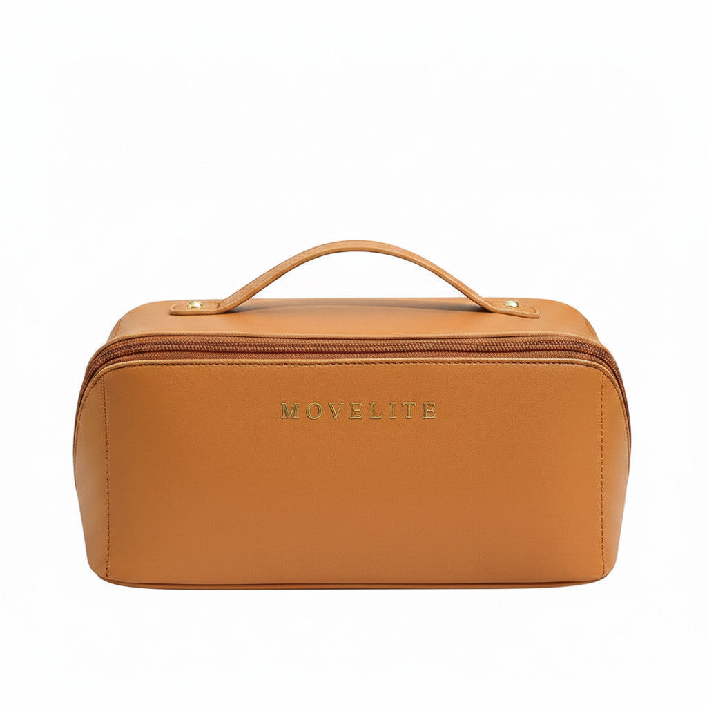 Trousse de voyage MoveLite marron en cuir synthétique imperméable avec poignée et fermeture zippée élégante