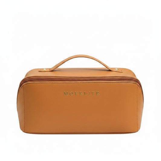 Trousse de voyage MoveLite marron en cuir synthétique imperméable avec poignée et fermeture zippée élégante