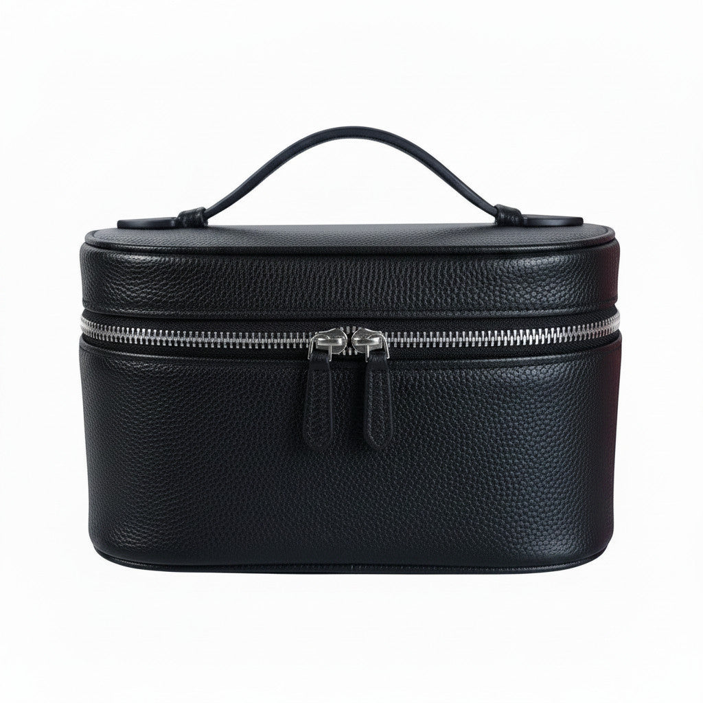 Trousse de voyage MoveLite noire en cuir grainé avec poignée supérieure et fermeture éclair argentée