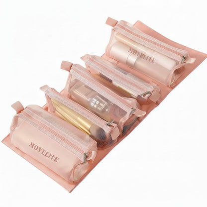 Trousse de voyage MoveLite rose avec quatre compartiments amovibles en maille pour maquillage et accessoires