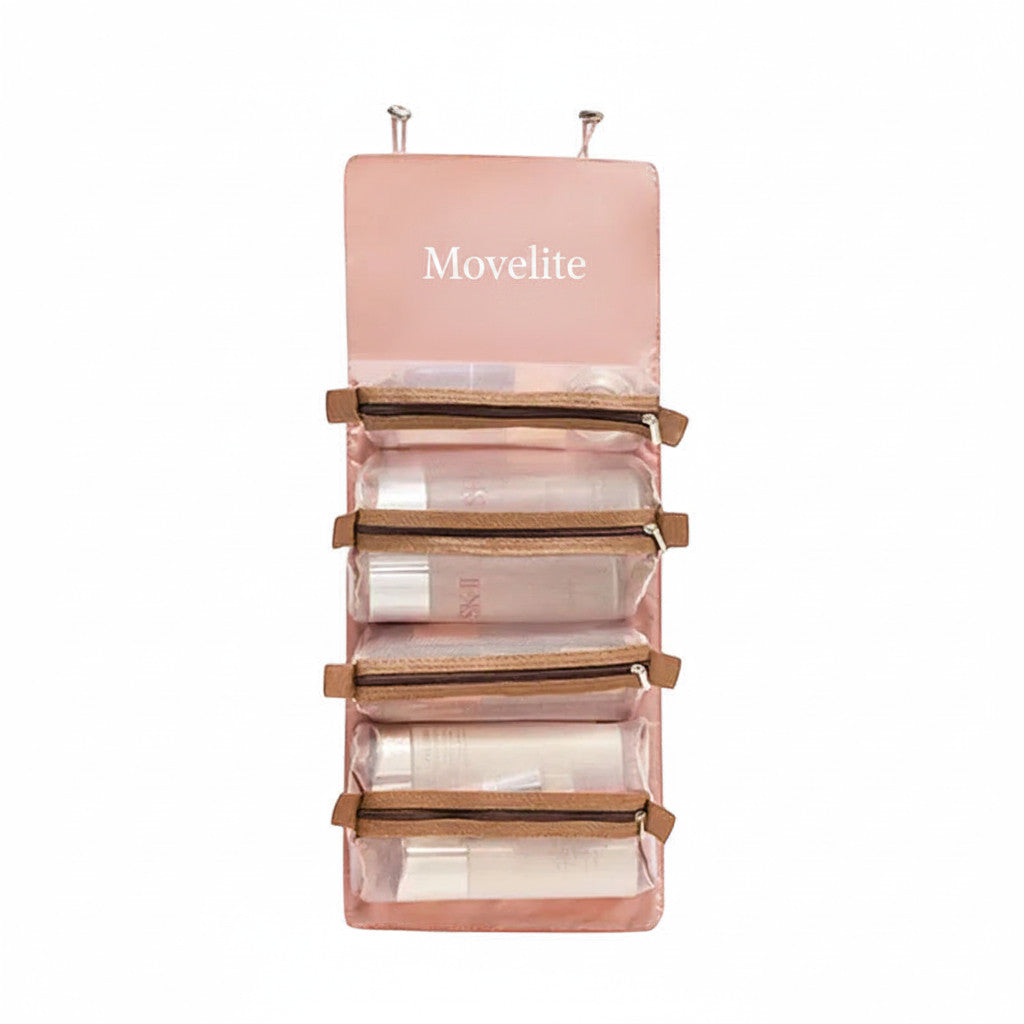 Trousse de voyage MoveLite rose pliable avec quatre compartiments transparents zippés pour maquillage et accessoires