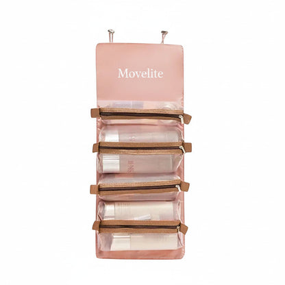 Trousse de voyage MoveLite rose pliable avec quatre compartiments transparents zippés pour maquillage et accessoires