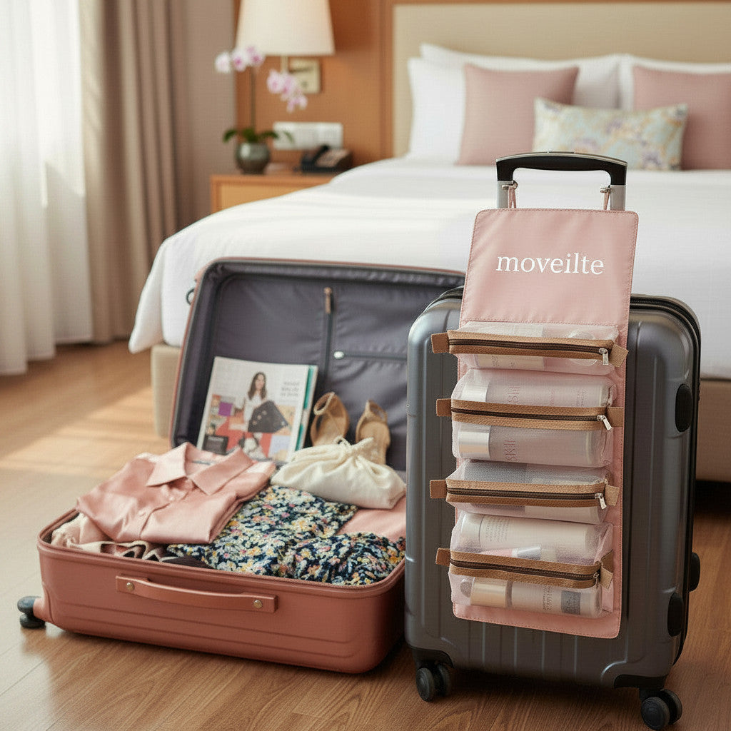 Trousse de voyage suspendue MoveLite rose avec compartiments transparents, fixée sur une valise dans une chambre.