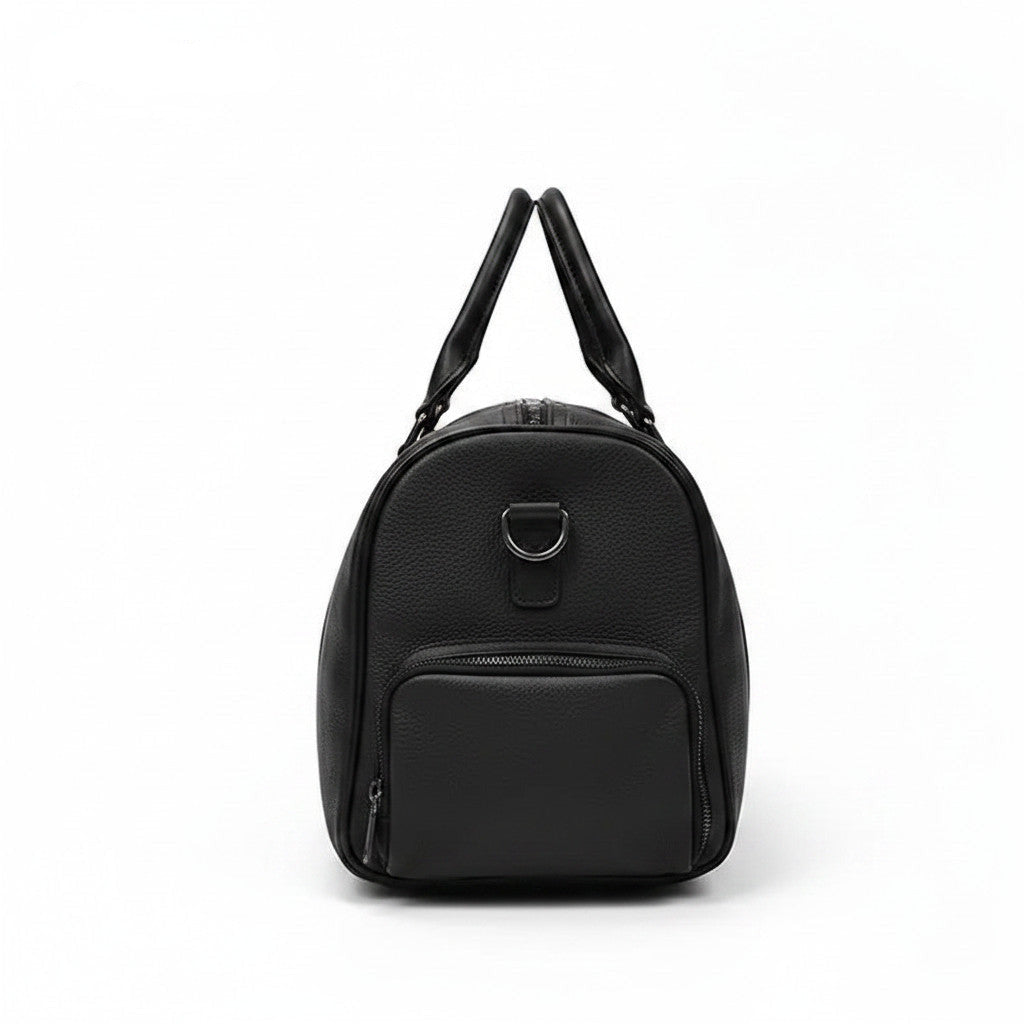 Sac de voyage NEXUS noir en cuir grainé avec poche frontale zippée, vue de profil