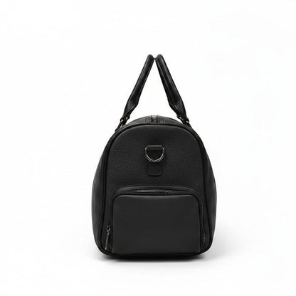 Sac de voyage NEXUS noir en cuir grainé avec poche frontale zippée, vue de profil